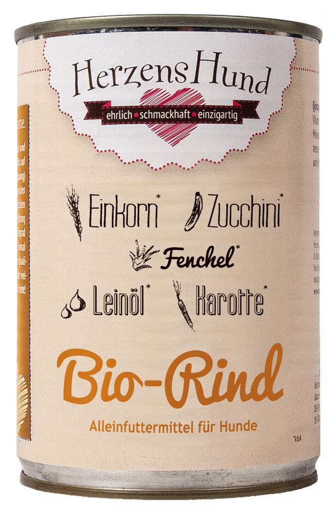 HerzensHund, cibo umido per cani, bovini biologici con verdure biologiche (manzo, 24 x 400 g)