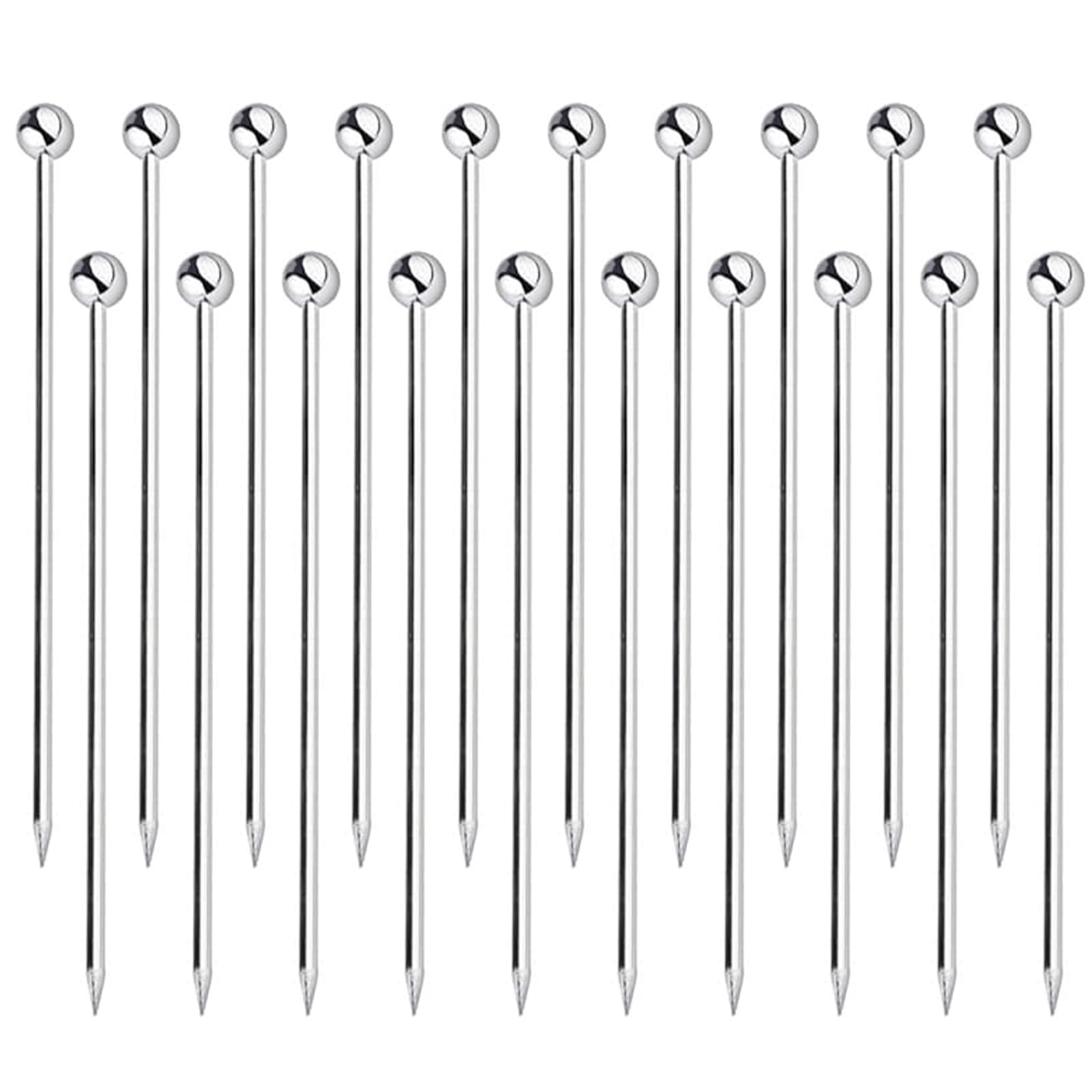 Lot de 20 Piques à Cocktail en Acier Inoxydable Argenté, Brochettes Réutilisables 11cm avec Tête à Boule pour Apéritif, Olives, Fruits et Martini, Accessoire Essentiel pour Bar et Fête