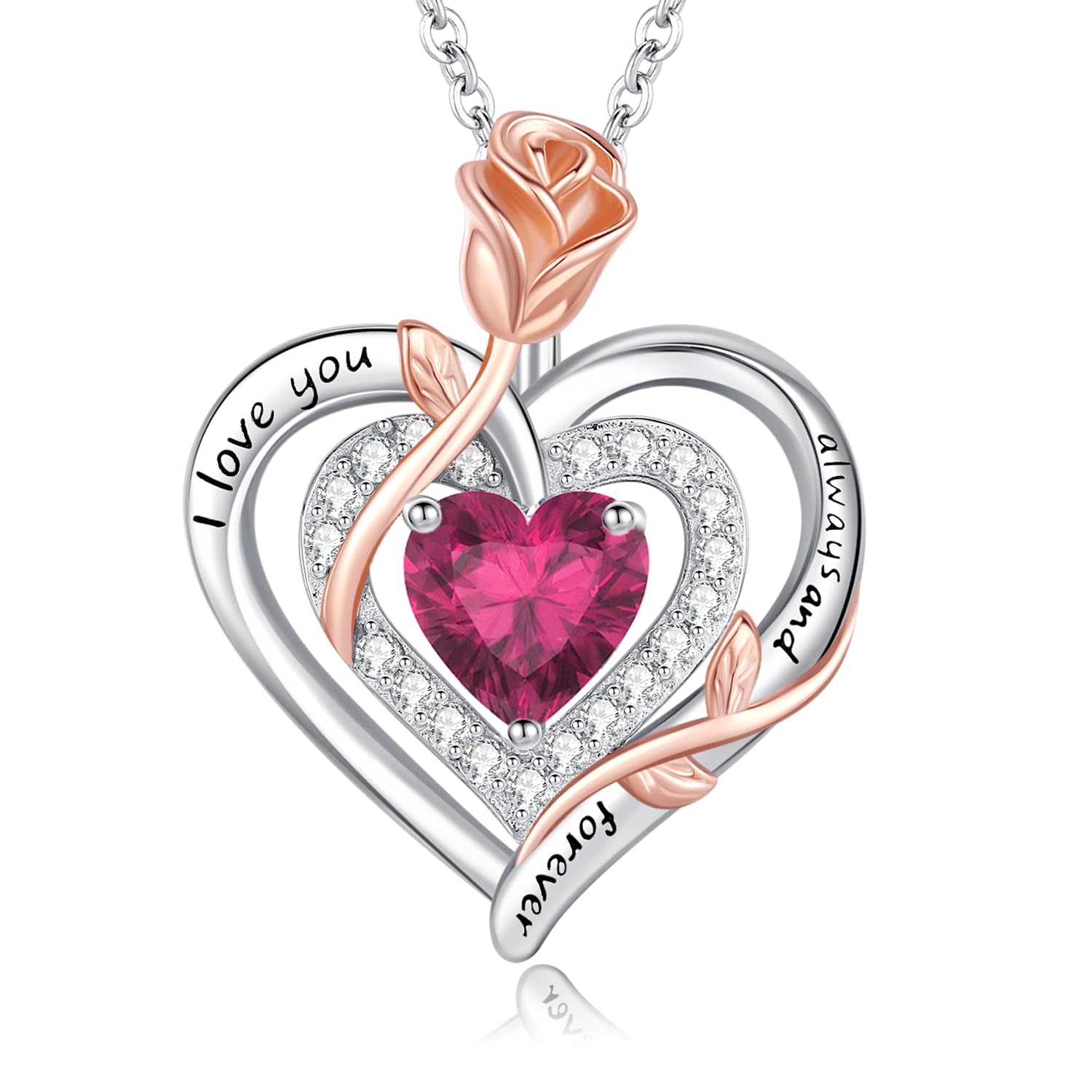 LAVUMO Collar Mujer Plata 925 Doble Corazón Rosa Flor Mujer Collares Piedra Natal Día de la Madre Cumpleaños San Valentín Navidad Joyas Regalos para Mujer Mamá Novia