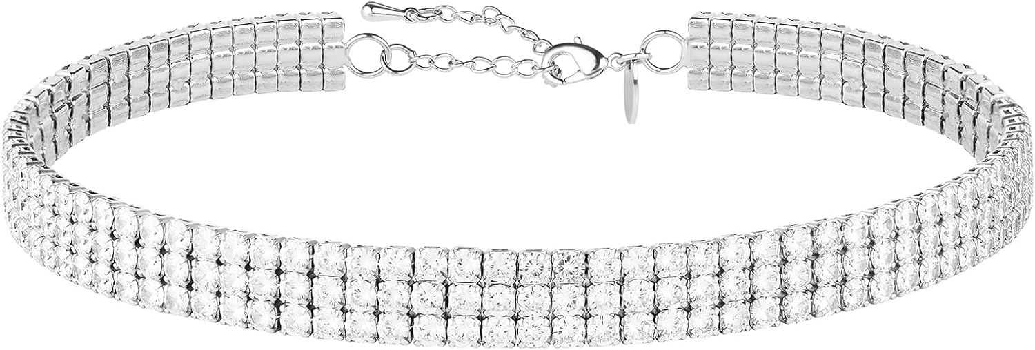 Silver Cubic Zirconia Choker Necklace for Women, 18K Real Gold Plated Faux Diamond Choker Necklaces for Costume, Bling Rhinestone Jewelry Gift for Prom Wedding Bridal Bridesmaids