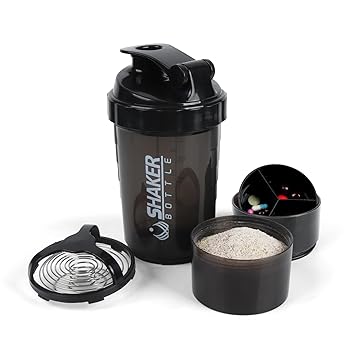XTKS Shaker Bottle,16oz Protein Shaker Bottles with Mixing Ball, 3 in 1 Leak-proof GYM Shake Cup with Powder Storage & Pill Tray, Ideal for Workout,BPA Free(Black) - image, photos