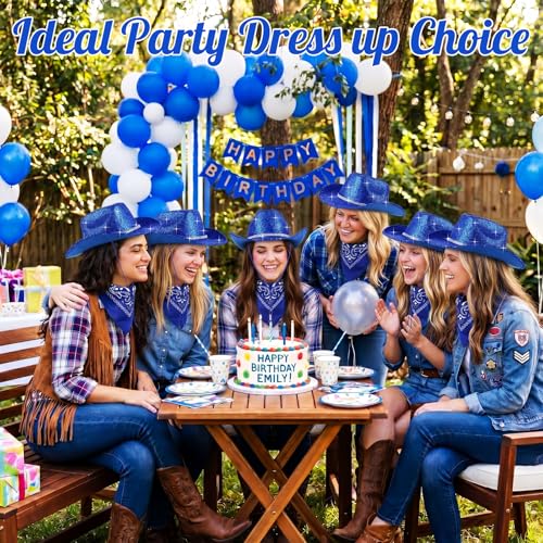 Image of Coume 12 Pcs Sparkly Adults Cowboy Hat and Bandanas Women Men Western Glitter Cowgirl Party Hats with Adjustable Drawstring