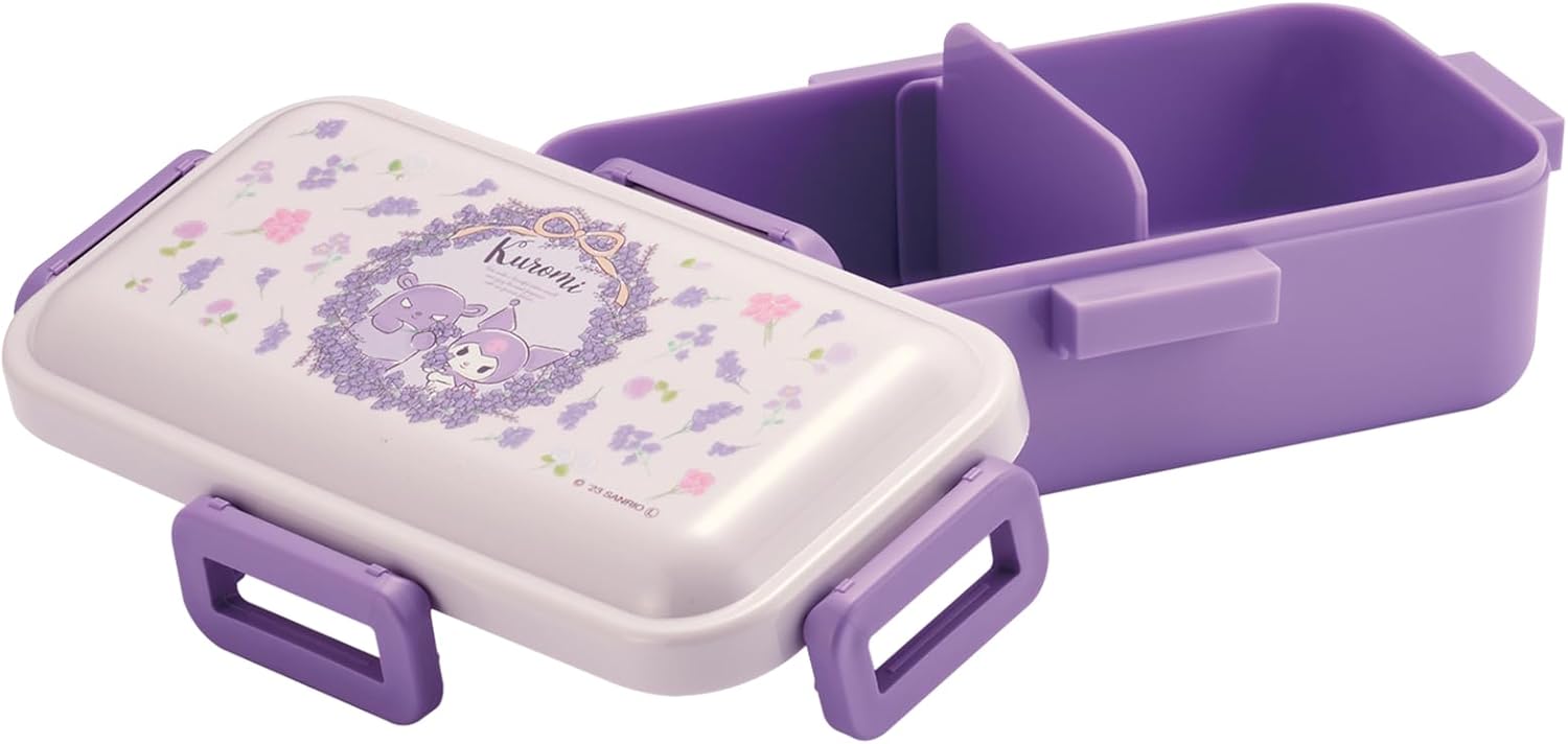 Skater Kuromi Bento Lunch Box (17.92oz)- Cute Lunch Carrier with Secure 4-Point Locking Lid - Authentic Japanese Design - Durable, Microwave and Dishwasher Safe - Floral Wreath, Purple, SK-SR-656040