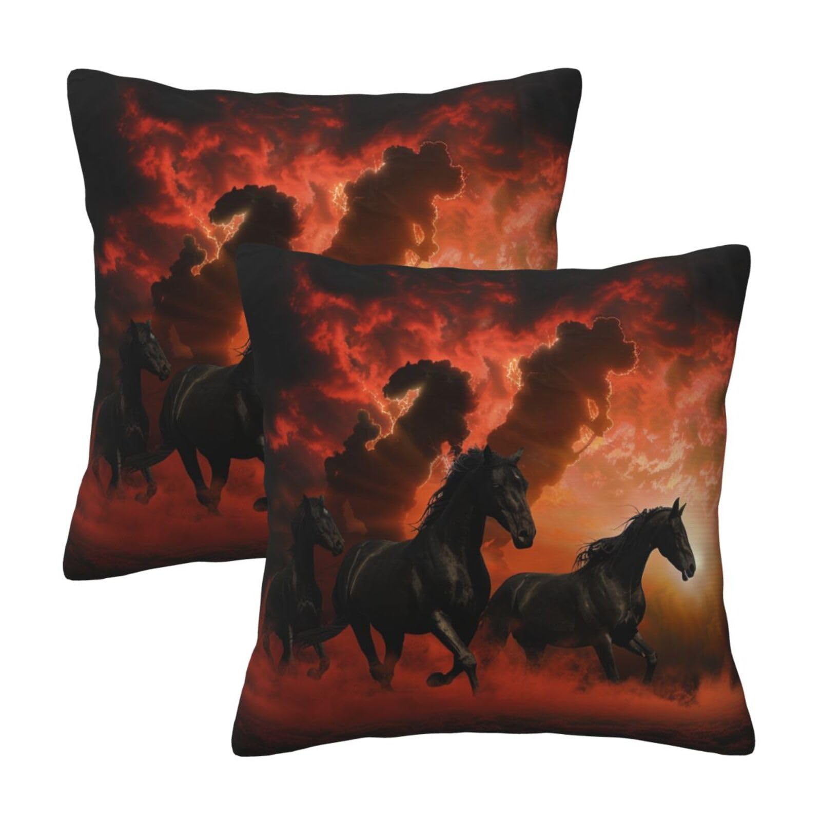 Black Horses Red Glowing Clouds Throw Pillow Cases 2 Pack Square Pillowcases Soft Pillow Protectors for Couch Livingroom Sofa Bed Office Car,30x30 CM