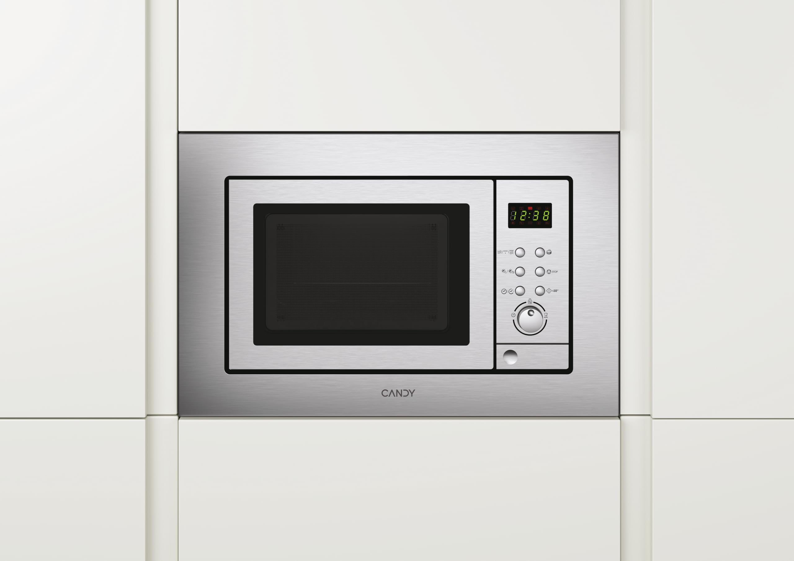 Candy MIC201EX, Microondas integrable con grill, 20L, Digital, Con marco, 8 programas automáticos, Plato giratorio 24,5cm, Descongelación tiempo y peso, 800W/1000W, Acero inoxidable antihuellas