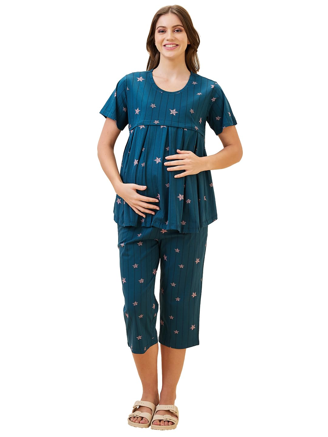 av2 Women's Cotton Printed Maternity & Feeding Night Suit Set of Top & Relaxed Capri Nursing Night Dress -2124-picture-14