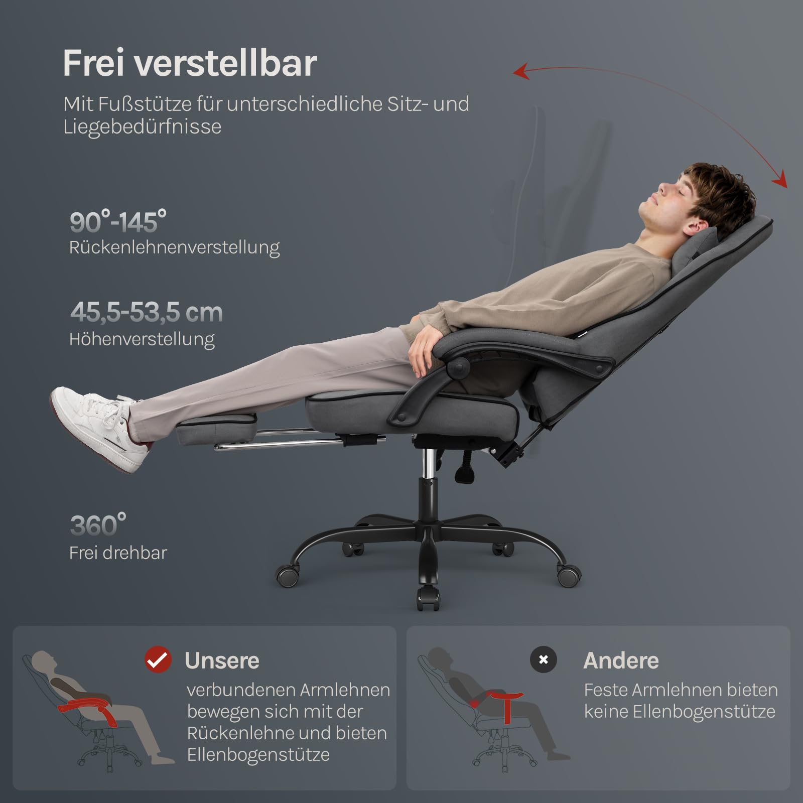 WOLTU Gaming Stuhl Stoff mit Bequemlichkeit Federunterlage, Kühl im Sommer, Gamer Chair Sessel Hohe Belastbarkeit ergonomischer mit Kopfkissen, Lendenkissen, Fußstütze, Tech-Stoff, Grau
