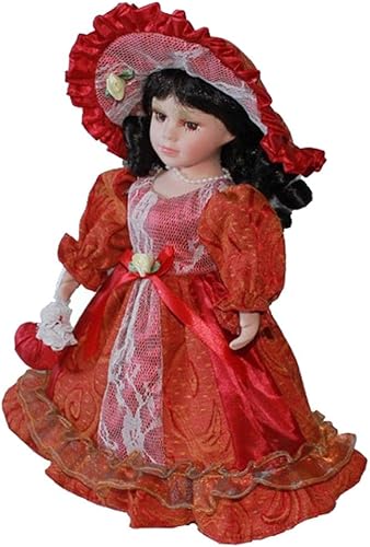 Miniatura 4 de Unknown - Miniaturas de porcelana elegantes de 12 pulgadas, pelo de niña, sombrero, bolso, zapatos, vestido y soporte de exhibición, color rojo