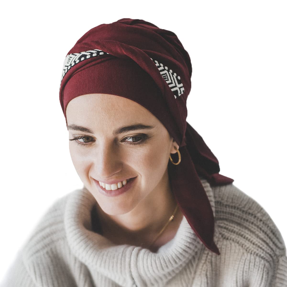 CAREBELL Turbante oncológico Smooth Ikat Burdeos de Bambú para la pérdida de Cabello Headwear