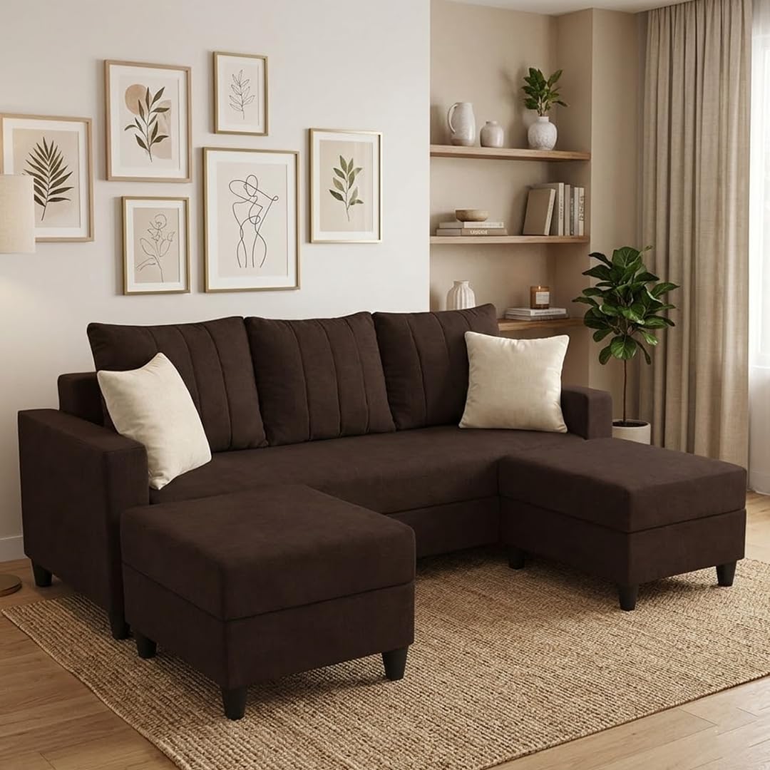 CASASTYLE Primo 5 Seater L Shape Sofa Set with 2 Movable Ottoman | Flexible Left or Right Layout | Cozy Velvet Fabric | Soft Touch Seating | Modern Designer Sofa for Living Room (Dark Brown)