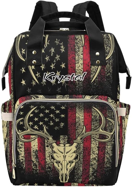 XOZOTY American Flag Camo Majestic Deer Antlers Diaper Bags with Name Waterproof Mummy Backpack Nappy Nursing Bags Gifts Tote Bag for Women