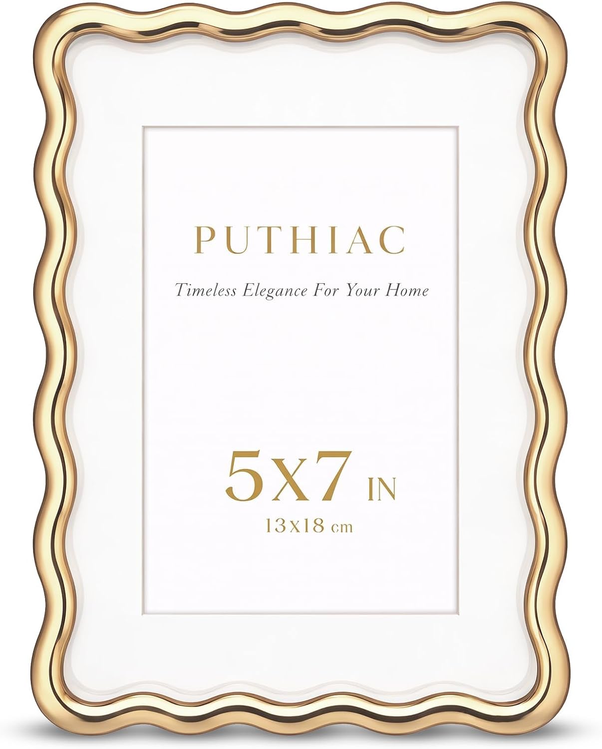 puthiac 5x7 Wavy Picture Frame, Zinc Alloy Gold Frame, Tempered Glass | Decorative wave profile with included 4x6 mat, ideal for wedding photos, anniversaries, portraits, and elegant home décor
