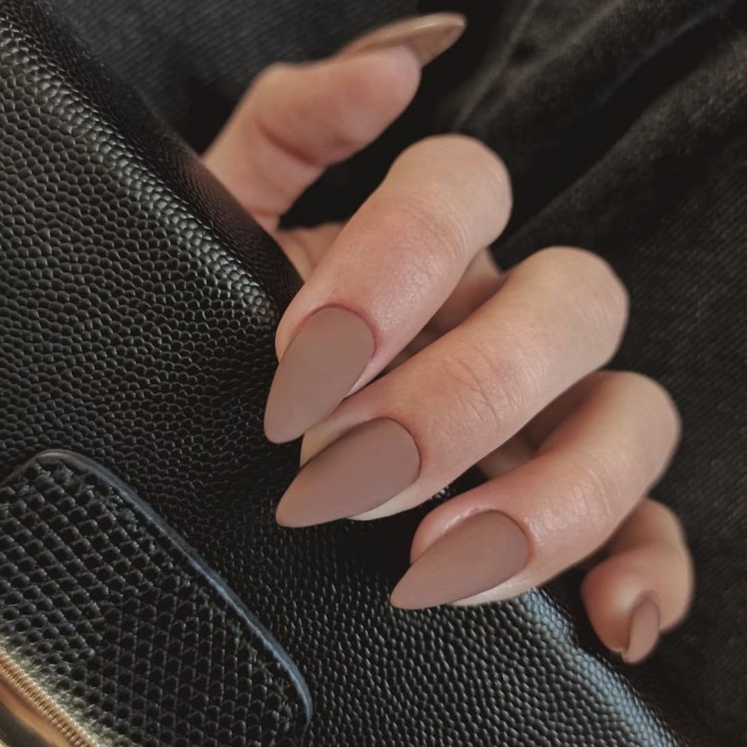 KQueenest Matte Light Brown Press on Nails Medium Almond Stiletto Gel Fake Nails Medium Pure Color Acrylic Nails Press ons Stick on Nails for Women