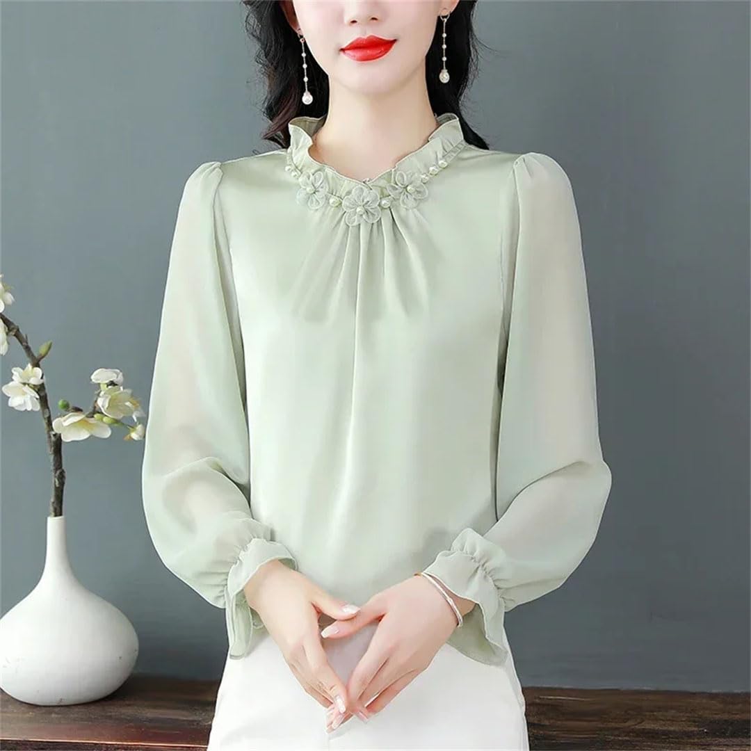 Camisas de gasa para mujer, blusas sueltas de color liso, cuello redondo, ropa de mujer de manga larga