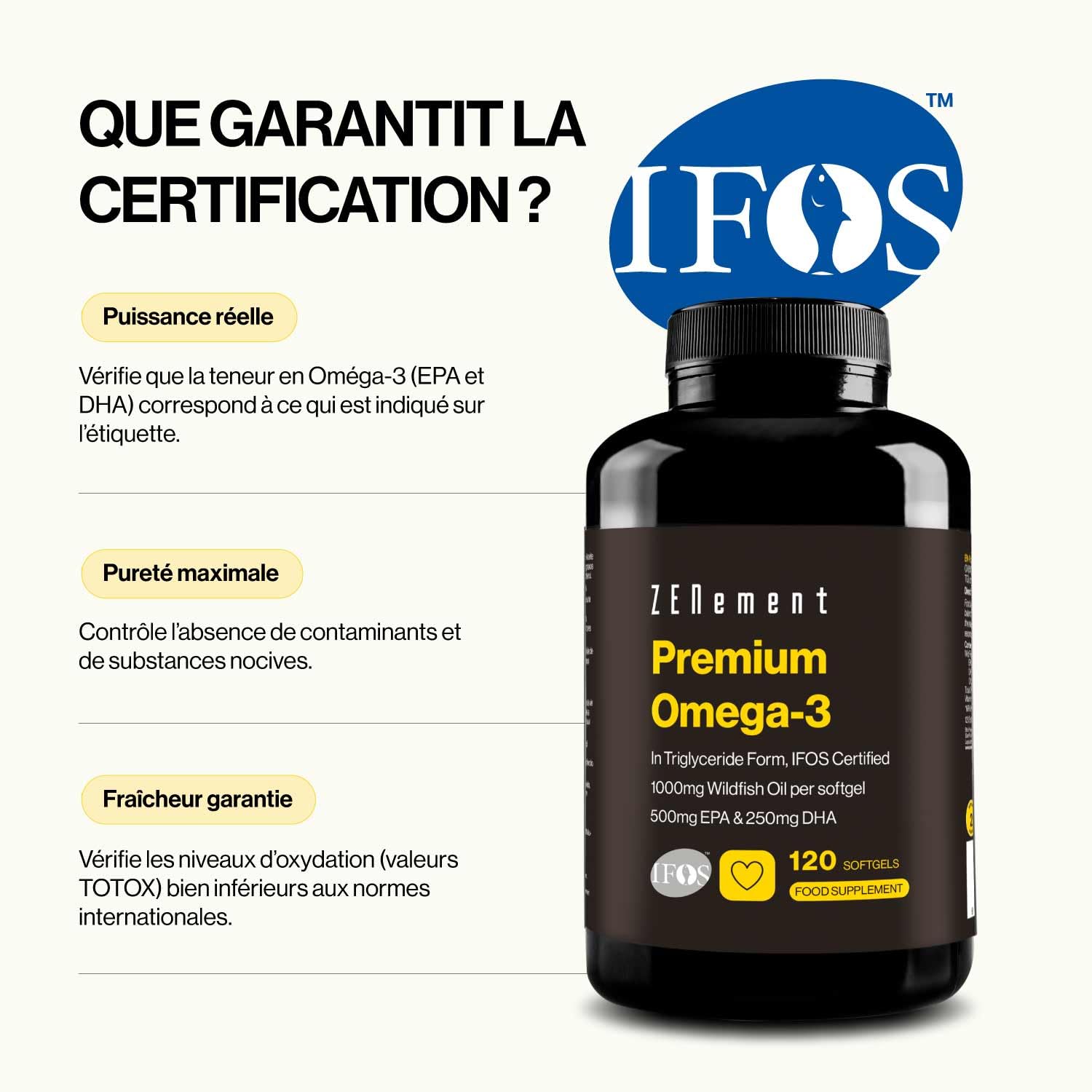 Premium Omega 3 IFOS Triglycérides Haute Absorption – 1000 mg EPA + 500 mg DHA par Dose – Huile de Poisson Sauvage Certifiée FOS – 120 Capsules