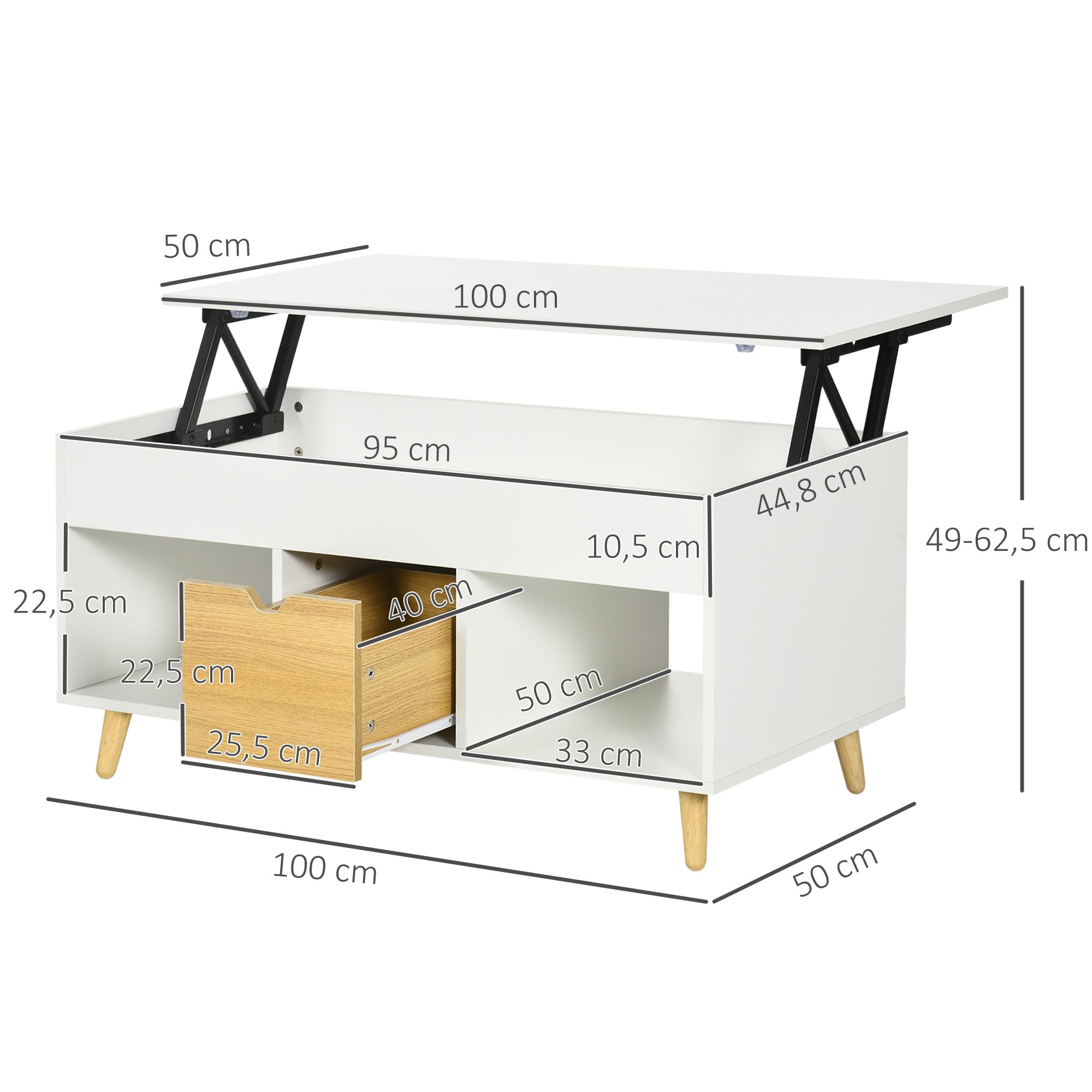 Table Basse Relevable Et Extensible HOMCOM - 100x45x50.5cm (relevée 63.5cm) - Avec Rangements, Blanc - 4