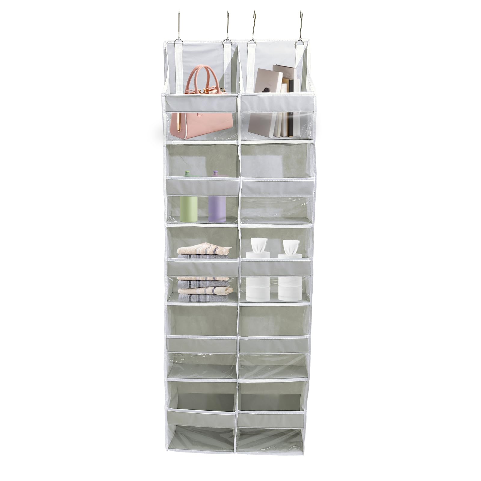 Hevtsde Over the Door Organizer 5 Tiers Nonwoven Behind Door Organizer with 10 Compartment and Visible Window for Home Office Bathroom Bedroom(White grey,1)
