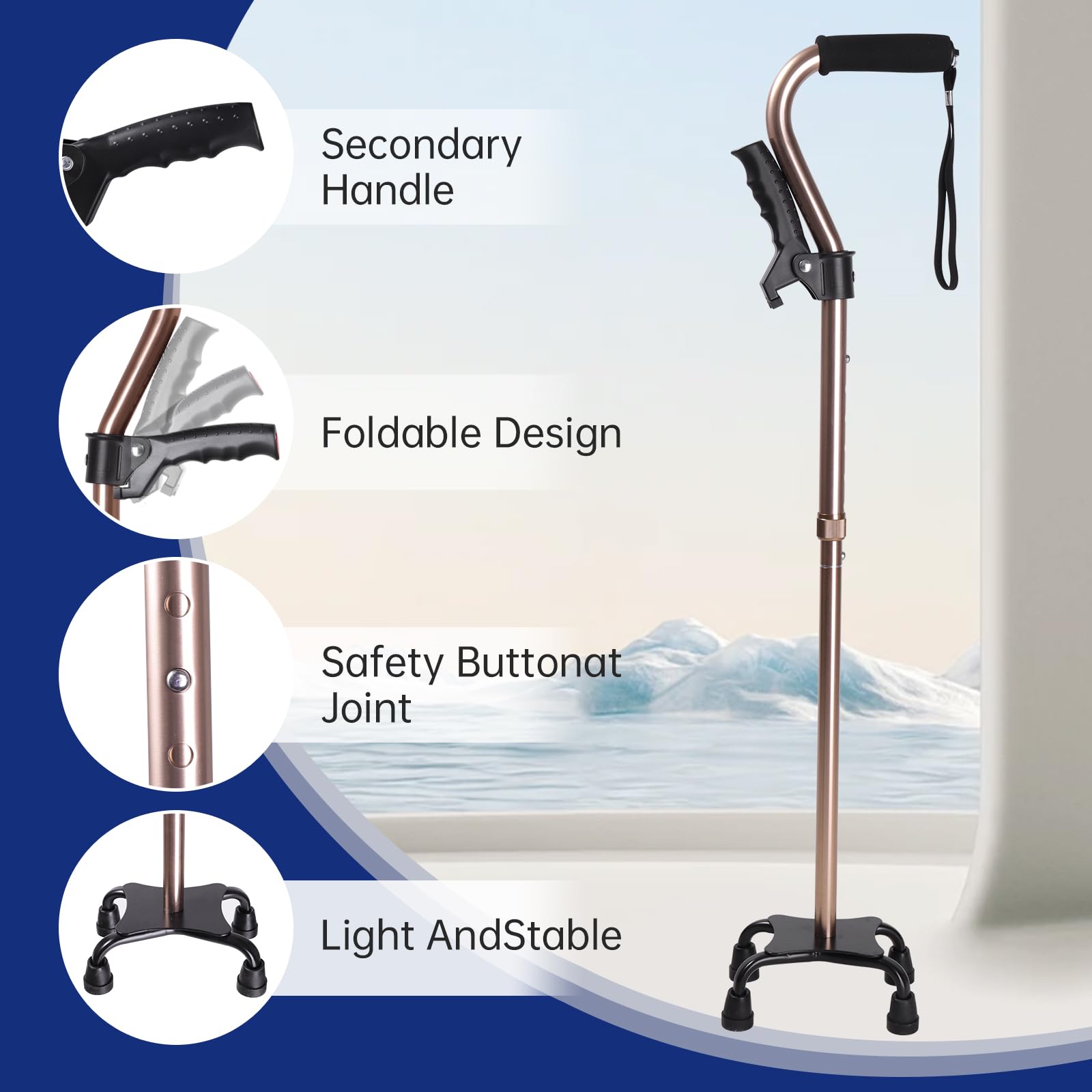 Quad Walking Cane Verstellbarer Herren & Damen, Faltbarer Gehstock für Senioren, Leicht & Stabil mit 4-Zinken-Basis für Extra Stabilität, Krücke mit Schaumstoff Gepolstert
