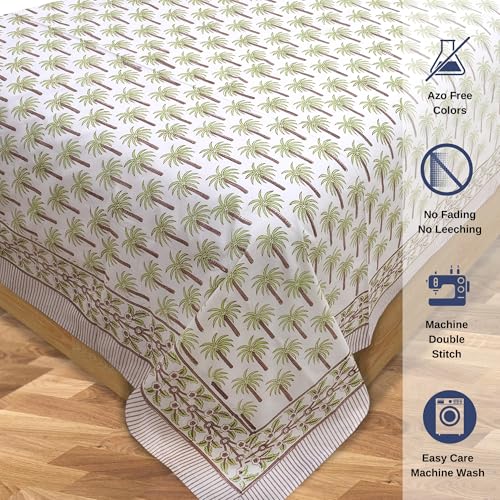 Image of TOAI Hand Block Printed Bedsheet | Bed Sheet Flatsheet | Pure Cotton | Double Bed King Size 108 inchx108 inch | 300 TC Bedsheets | Includes 2 Pillow Covers Palm Trees (Green Brown White)