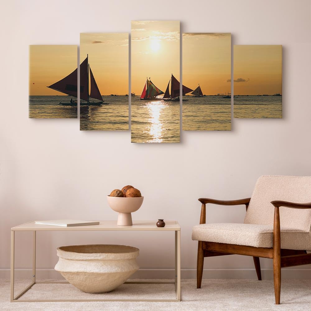 B&D XXL - Quadri Moderni Soggiorno Grandi Dimensioni, Barche Vela 225x112cm | Chiodi Inclusi, 5 Pezzi, Quadro Moderno, Pannelli Decorativi, Murale Arte, Tramonto, Resistenti Allo Sbiadimento, Spiaggia