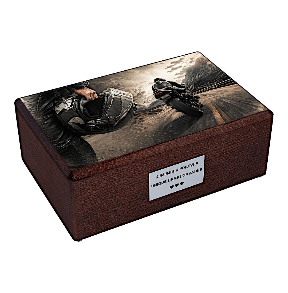 Motorcycle Rider Cremation Urn for Adult Human Ashes, Solid Wood Memorial for Biker Enthusiasts