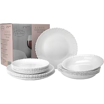 Festa Italy Crockery Set for 6 People 18 Pieces Plate Set Made of Opal Glass White Dinnerware Set Bowl and Plate Set Modern Dinner Service Plate Dining Service Crockery Set for 6 People