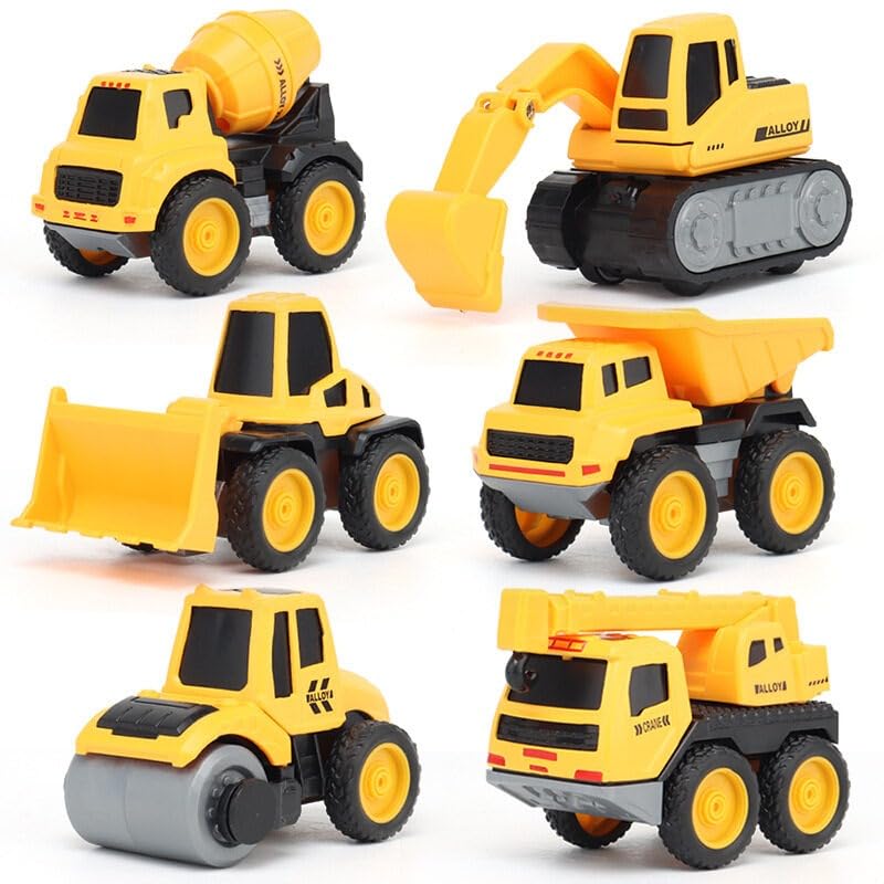 PLUSPOINT Diecast Metal Construction Trucks Pack of 6 Pull Back Engineering Vehicles Playset, Excavator, Bulldozer, Roller, Dump Truck, Mixer Truck, Toys Gift for Age 3 Yrs up Kids