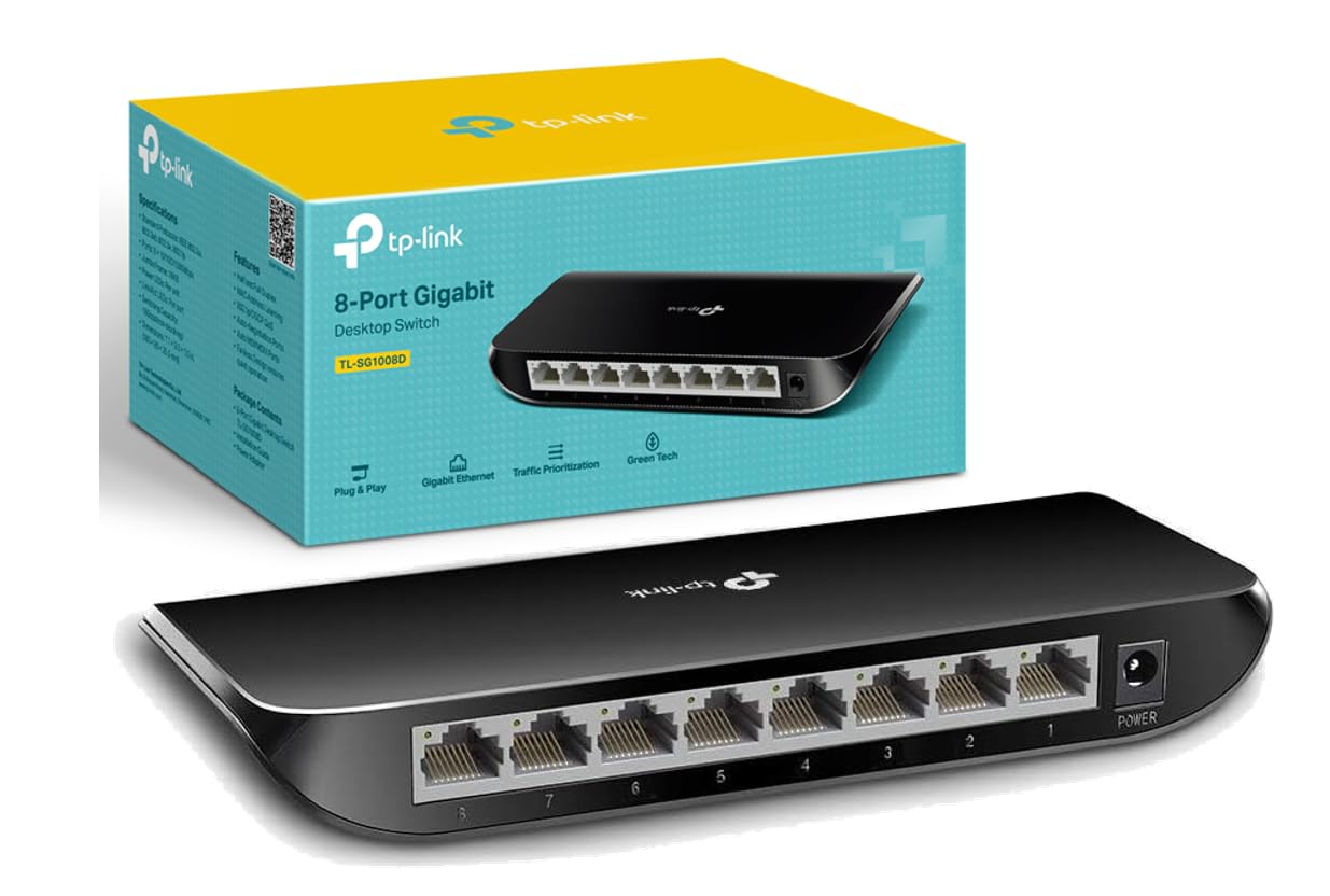 TP-​Link TL-​SG1008D - Switch Ethernet Gigabit de 8 Puertos (10/​100/​1000 Mbps), Plug & Play, Sin Configuración, Bajo Consumo Energético, Silencioso y Compacto, Concentrador Ethernet , Color Negro
