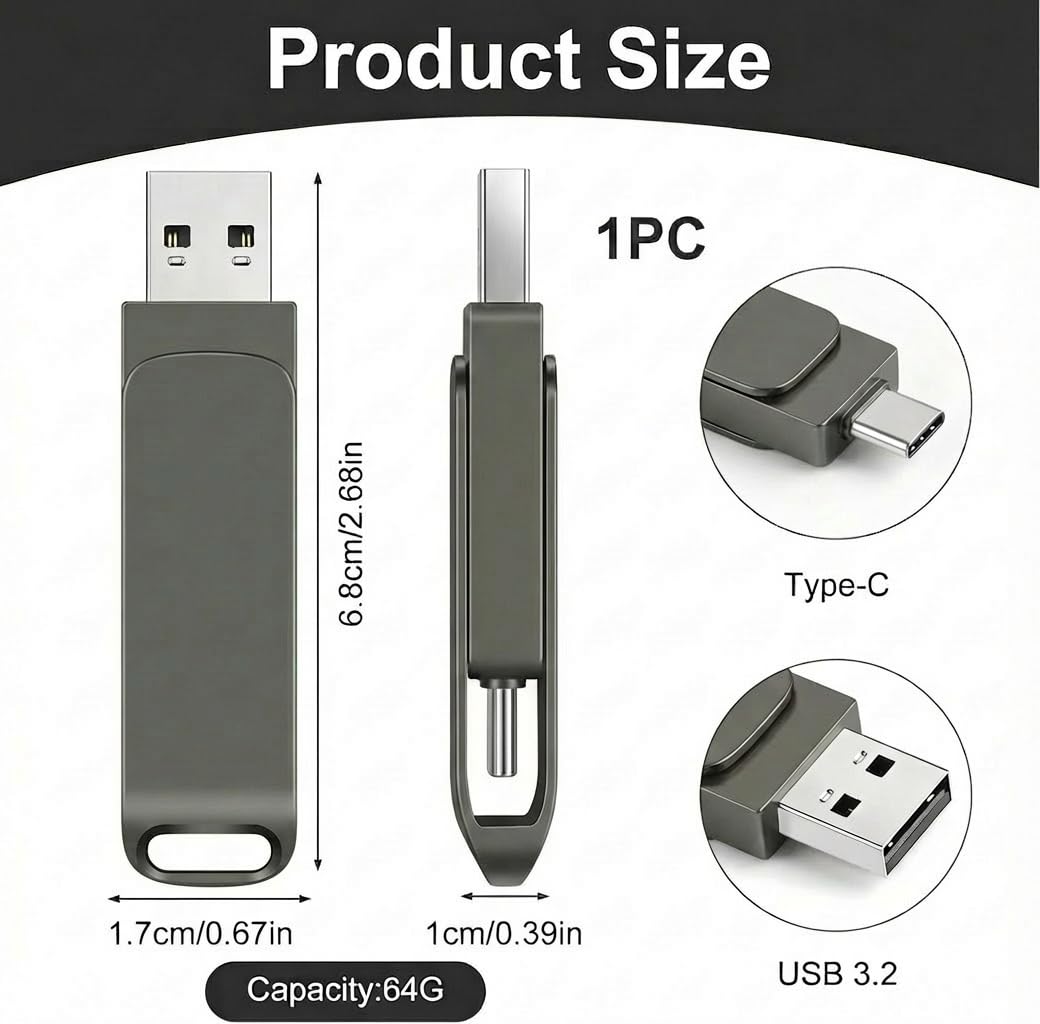 64GB USB Memory Stick 3.2 Type-C Dual Flash Drive for PC, Tablet, Mac, MacBook, Flash Drive Smart Phone High-Speed Memory Stick for Store Songs Photos Video USB to Store Phone Video Files, Black — view 2