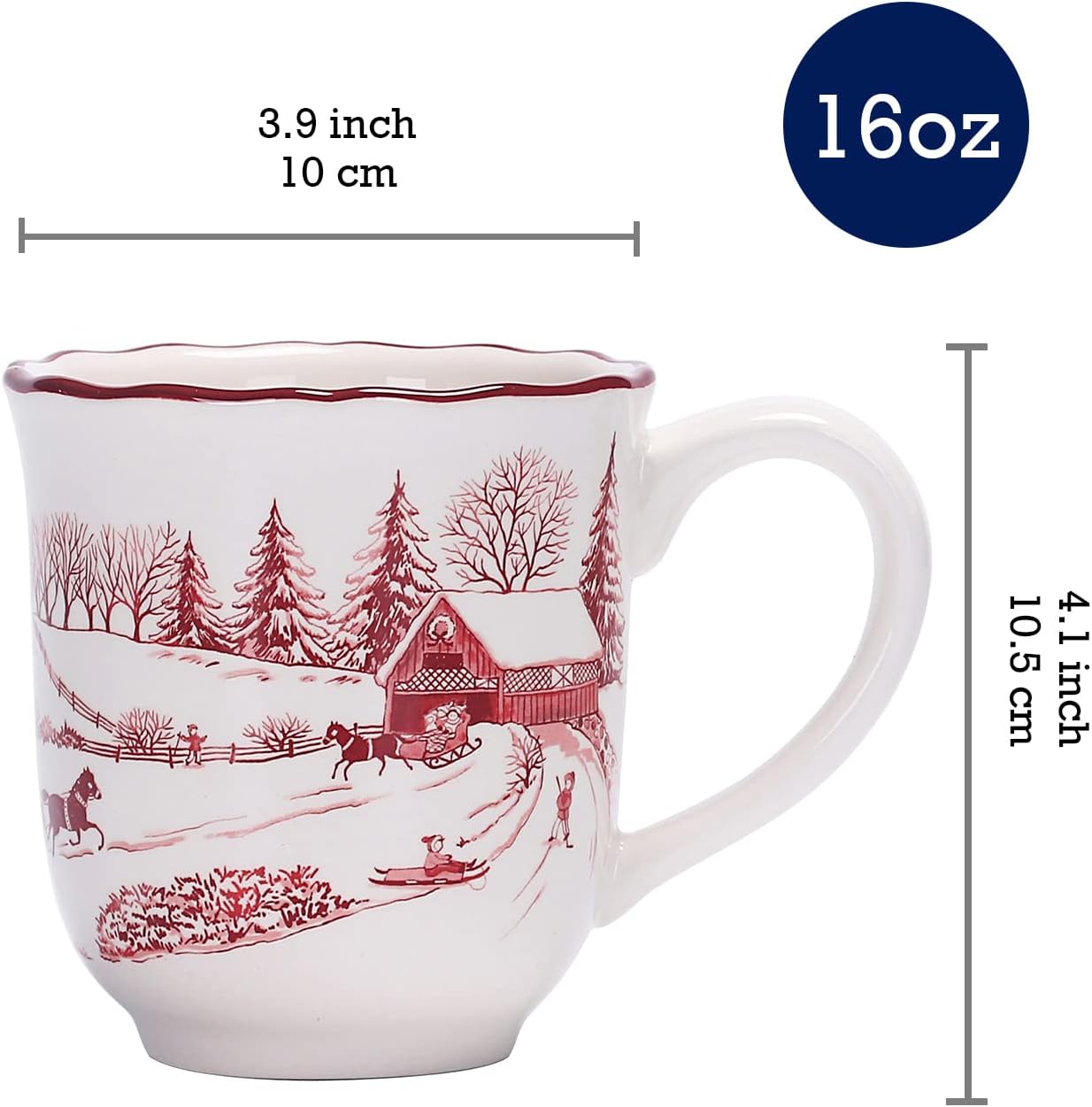 Bico Toile De Jouy Winter Wonderland Ceramic Mug Set of 4, Christmas Coffee Mugs, 16oz Holiday Cups for Tea, Cocoa, or Hot Drinks, Microwave & Dishwasher Safe - Image 3