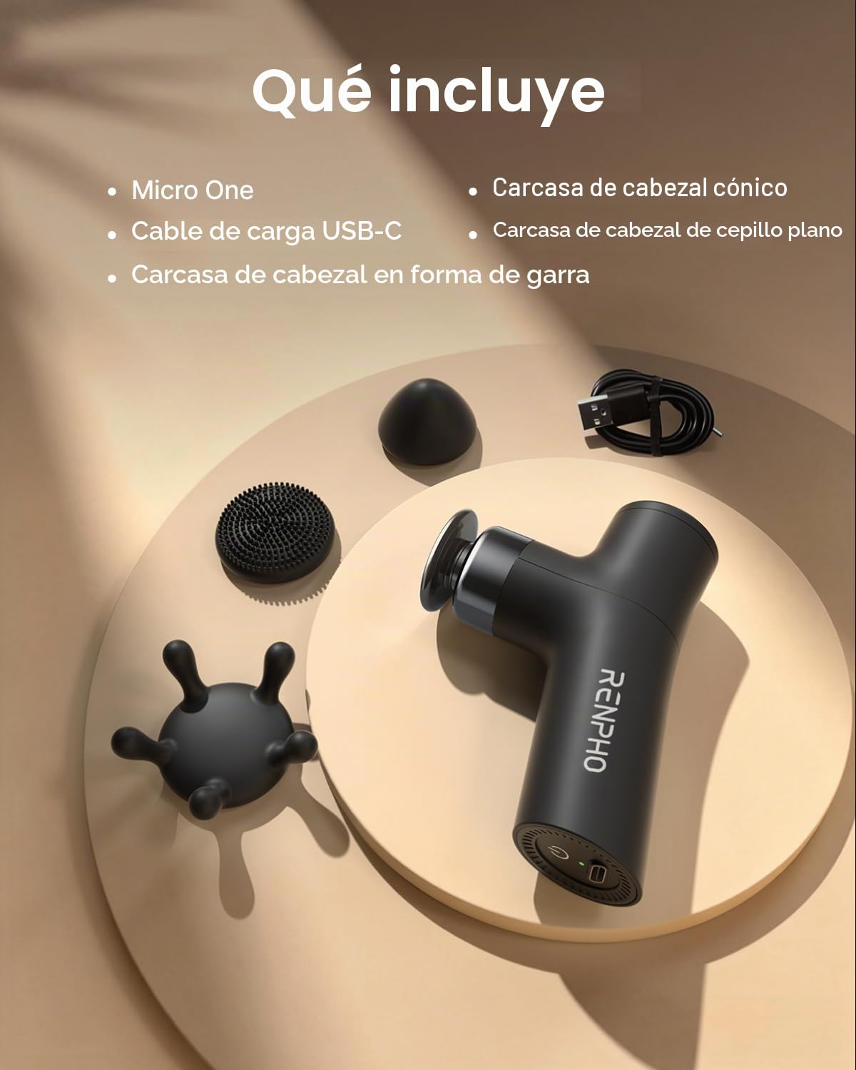 RENPHO Micro One Mini Pistola de masaje, 3 cabezales, 4 velocidades | Masajeador de percusión portátil para alivio muscular, ligero con diseño ergonómico, velocidad variable, ideal para viajeros.
