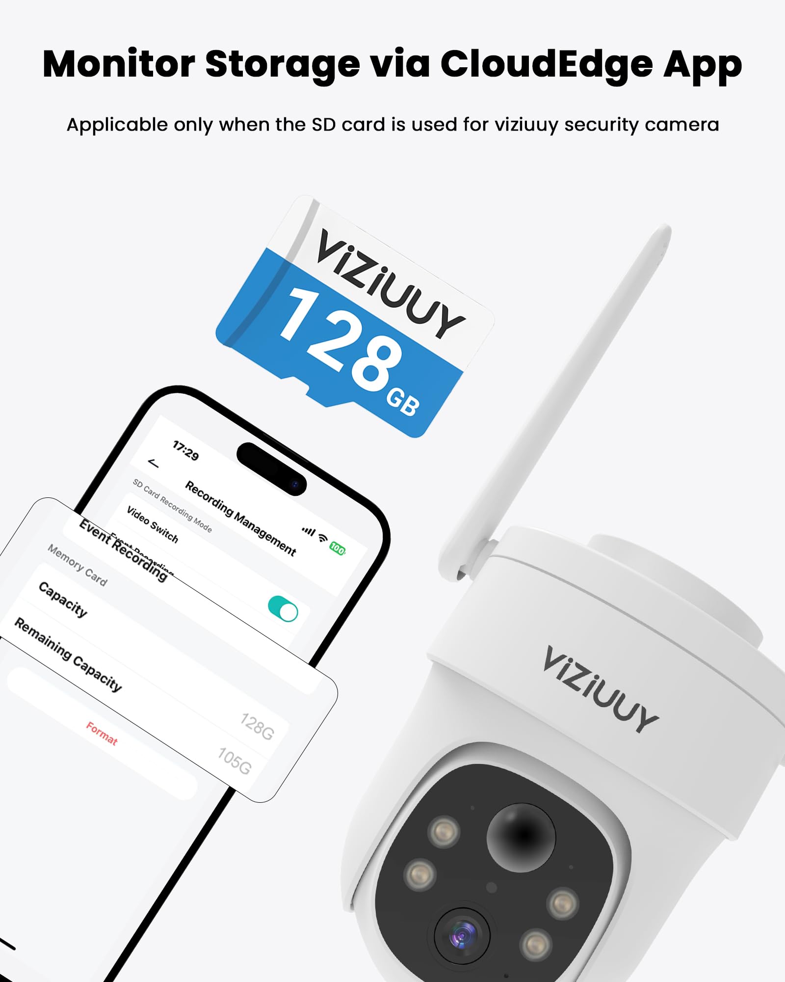 VIZIUUY Carte mémoire Micro SD 128 Go pour caméras de sécurité, lecture 90 Mo/sec, écriture 25 Mo/sec, carte mémoire pour caméras de sécurité solaires intérieures et extérieures, caméra d'action