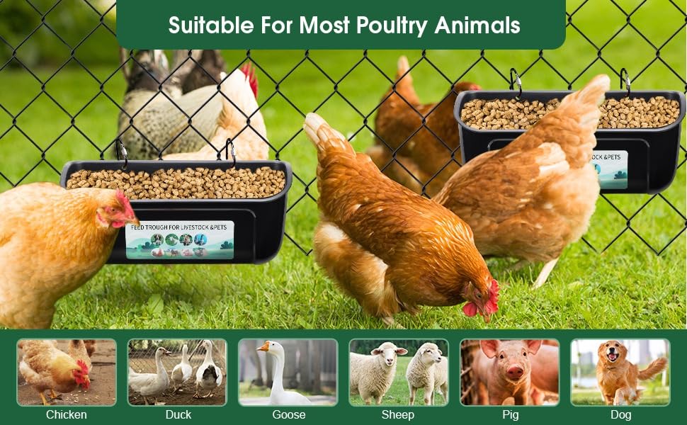 2 Pack Chicken Duck Dog Feeder, Poultry Feeders and Waterers, Hanging Goat Feeder, Livestock Feeding Container, Feed Trough and Waterer Bucket with Clips (Black) - Image 6