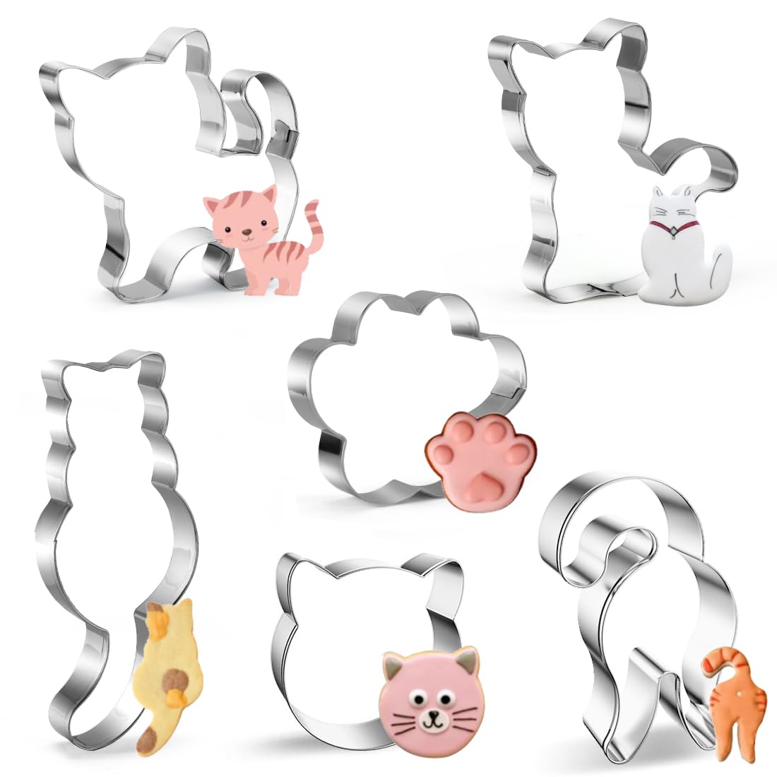 6 Stück Ausstechformen Katze, Edelstahl Kätzchen Plätzchen Ausstecher Set, Katzenform Gesicht Pfote Hintern Keksausstecher, Fondant Ausstechform Tier Katze, Cookie Cutter Geschenke für Themed Party