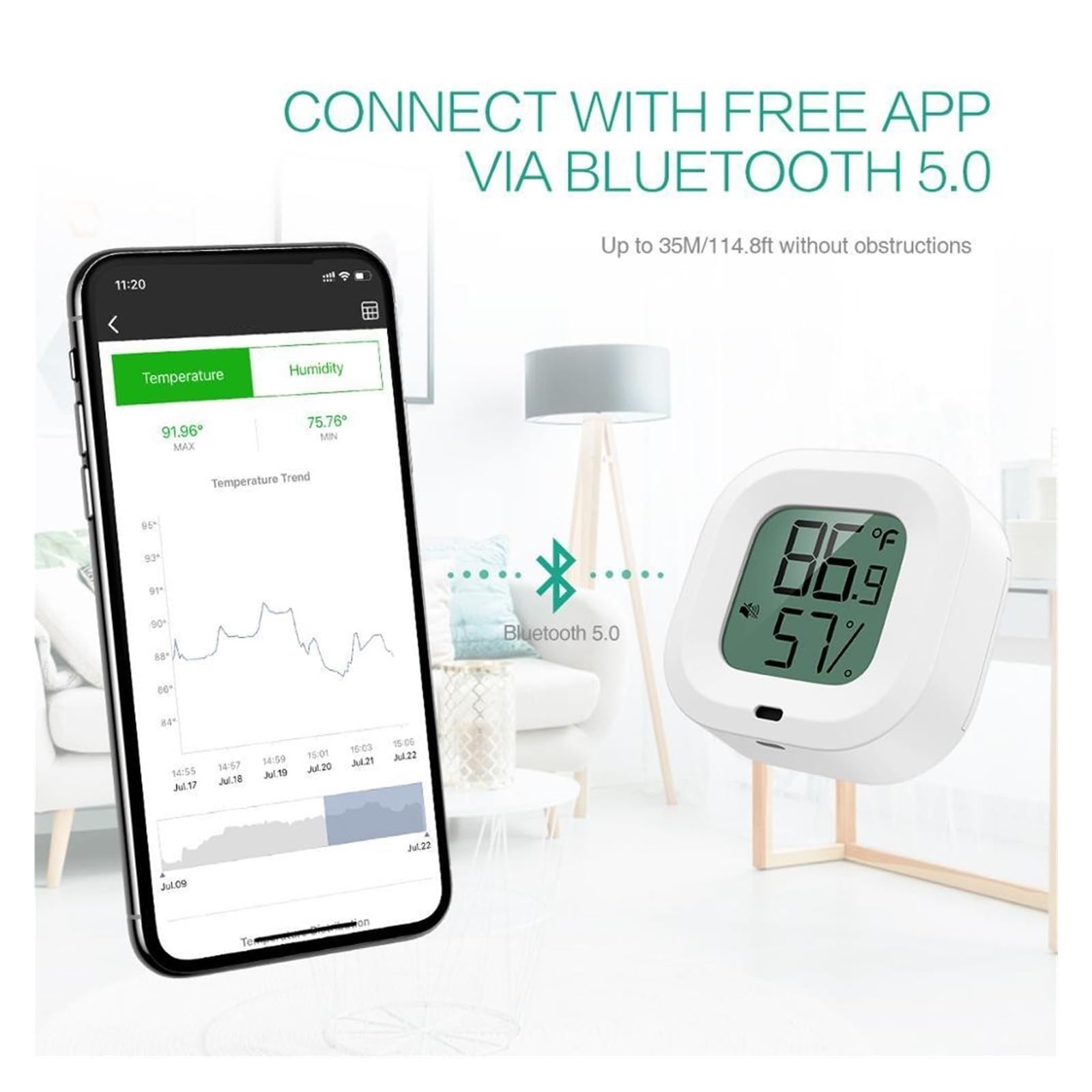Bezprzewodowy Termometr Higrometr Mini Bluetooth 5.0 Alarm Czujnika Temperatury Wilgotności Wbudowany Dokładny Monitor(White)