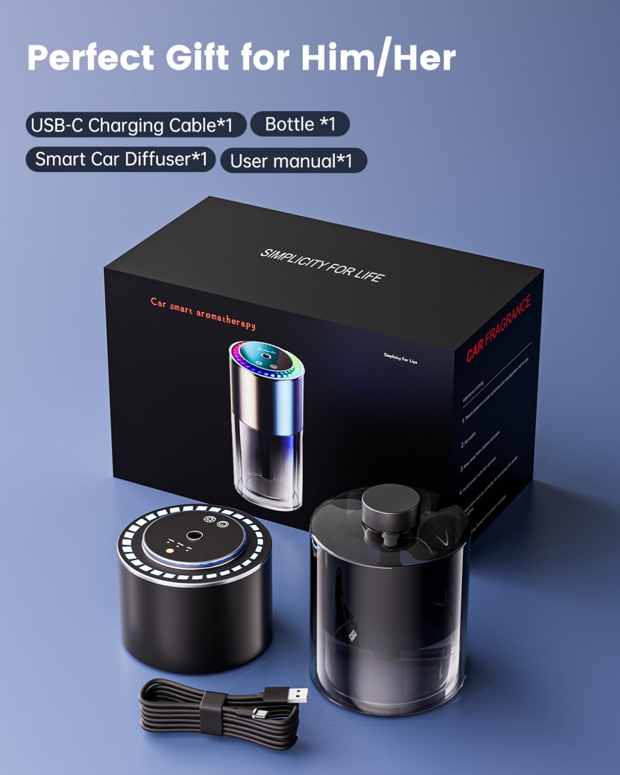 160ml Odświeżacz Samochodowy z 160ml Perfum (Cologne), Ultradźwiękowy Dyfuzor, 3 Tryby, Automatyczne Włączanie/Wyłączanie, Wbudowana Bateria, Zapach Utrzymuje Się 12 Miesięcy