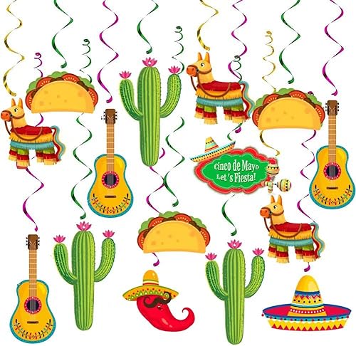 Miniatura 1 de 30 decoraciones de remolinos colgantes para fiesta mexicana, suministros de decoración de fiesta de Cinco de Mayo, tema de cumpleaños de dos días de