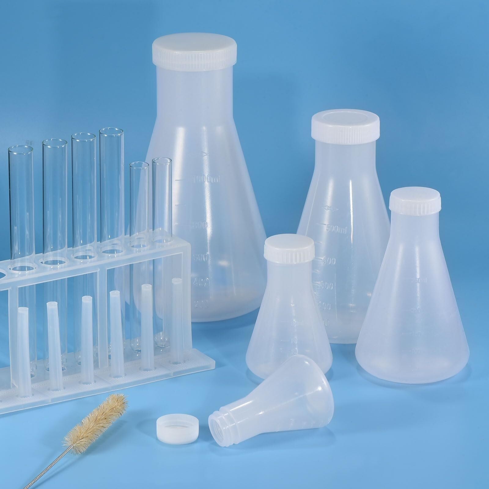 Matraz de Erlenmeyer de Plástico 250ml con Tapón de Roscas, Paquete de 2 Matraz Cónico de Boca Estrecha para Laboratorio, Transparente(250ML)