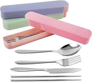3 Stück Edelstahl Reisebesteck mit Etui, Reisebesteck mit Löffel, Gabel und Messer, Camping Besteck, Edelstahl-Besteckset mit Etui, Besteck zum Mitnehmen für Schule, Büro, Reisen, Camping, Picknicks