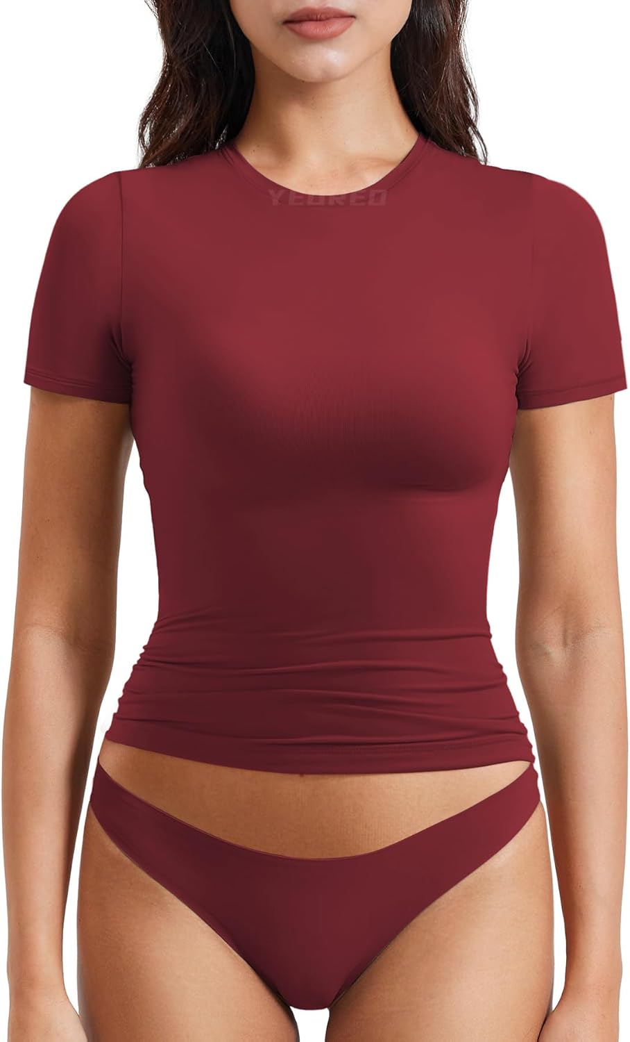 YEOREO Women Fitted Workout Tops Short Sleeve Double Lined Basic Y2K Going Out Crew Neck Compression Crop Top