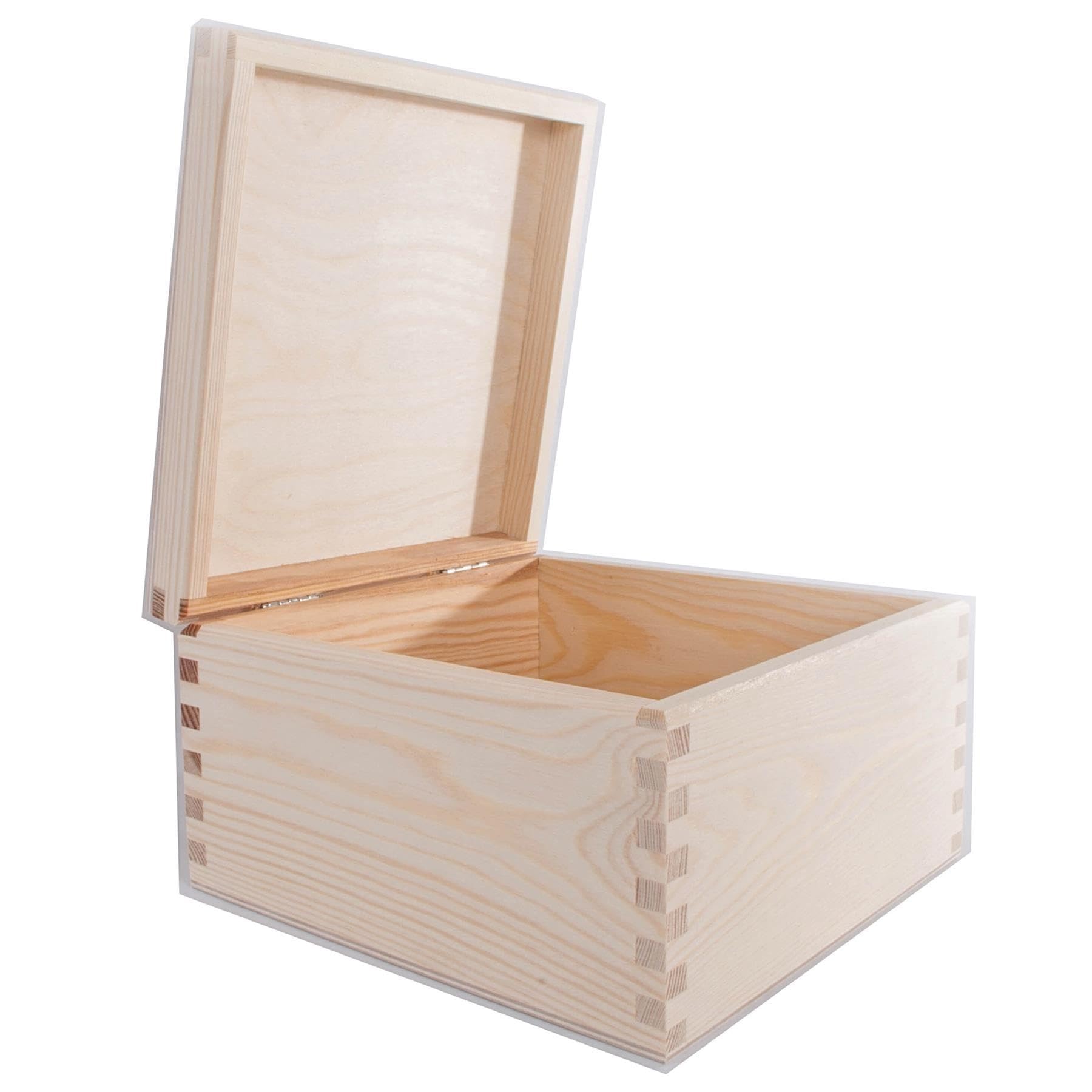Woodeedoo Natural Square Wooden Storage Box With Hinged Lid – 20 X 20 X 13.5 Cm – Unfinished Pine Chest For Crafts Letters Trinkets Stationery Jewellery Keepsakes Diy Gift Decoration