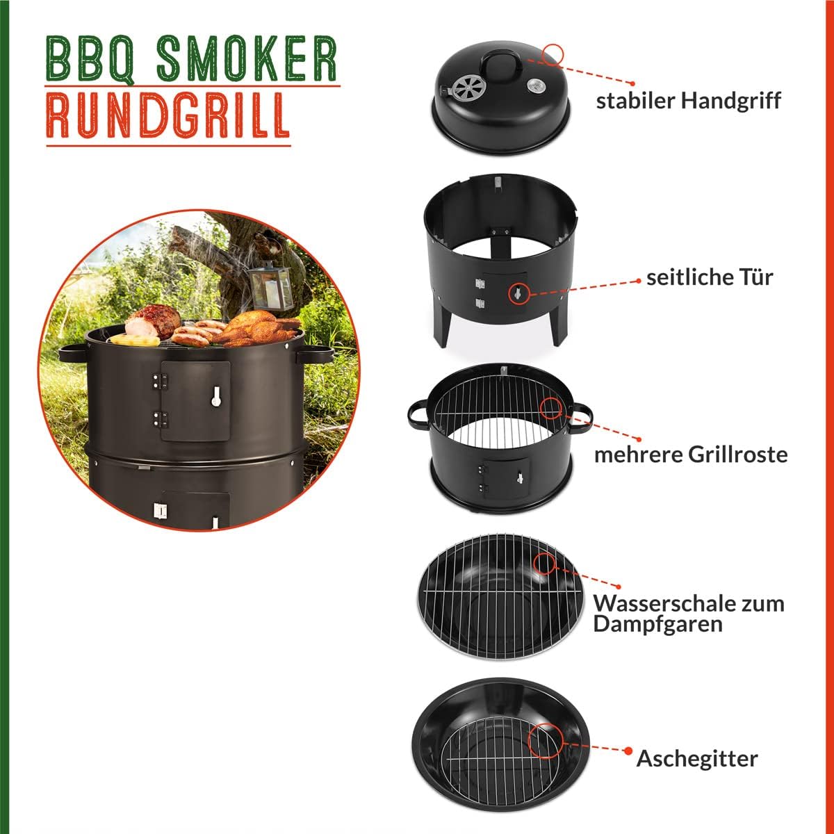 Gardebruk Barbecue Smoker Verticale a Carbonella con Termometro Grill Affumicatore Trasporto Semplice