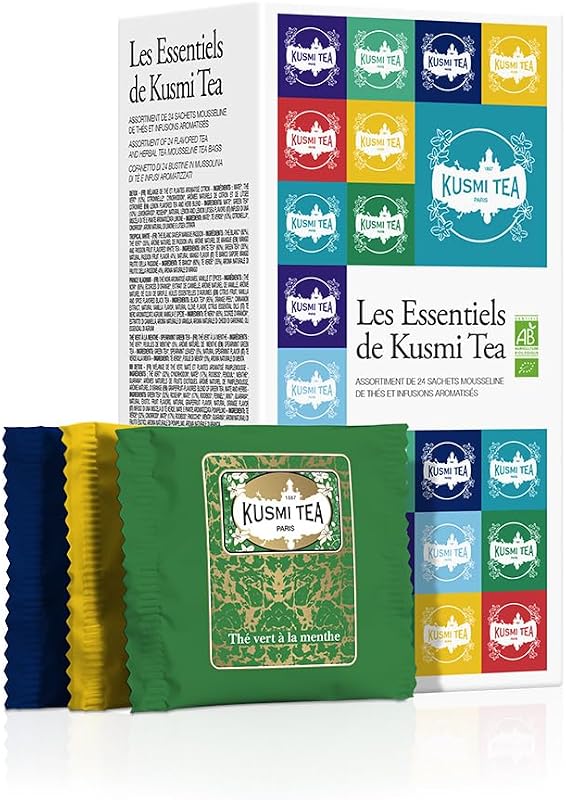 Kusmi Tea - Coffret "Les Essentiels" - Assortiment de Thés Bio - Idée Cadeau Homme et Femme - Thés Noirs, Thés Verts, Detox, Infusions et Maté - 24 Sachets - 8 Recettes Délicieuses