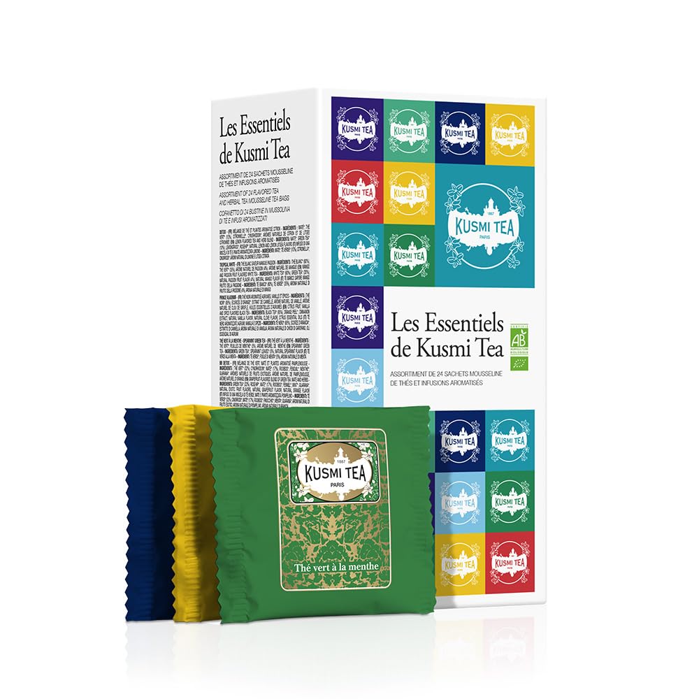 Kusmi Tea - Coffret "​Les Essentiels" - Assortiment de Thés Bio - Idée Cadeau Homme et Femme - Thés Noirs, Thés Verts, Detox, Infusions et Maté - 24 Sachets - 8 Recettes Délicieuses