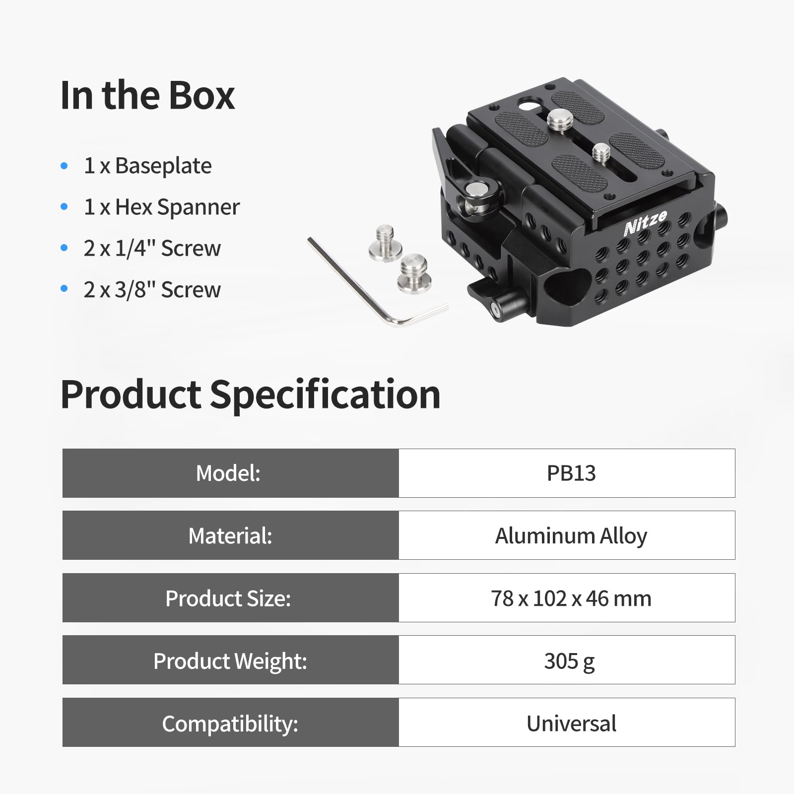 Nitze 15 mm LWS Baseplate per Telecamera, con Piastra Base per Manfrotto Standard, Installazione e Rimozione Rapida per Telecamere e Gabbie - PB13