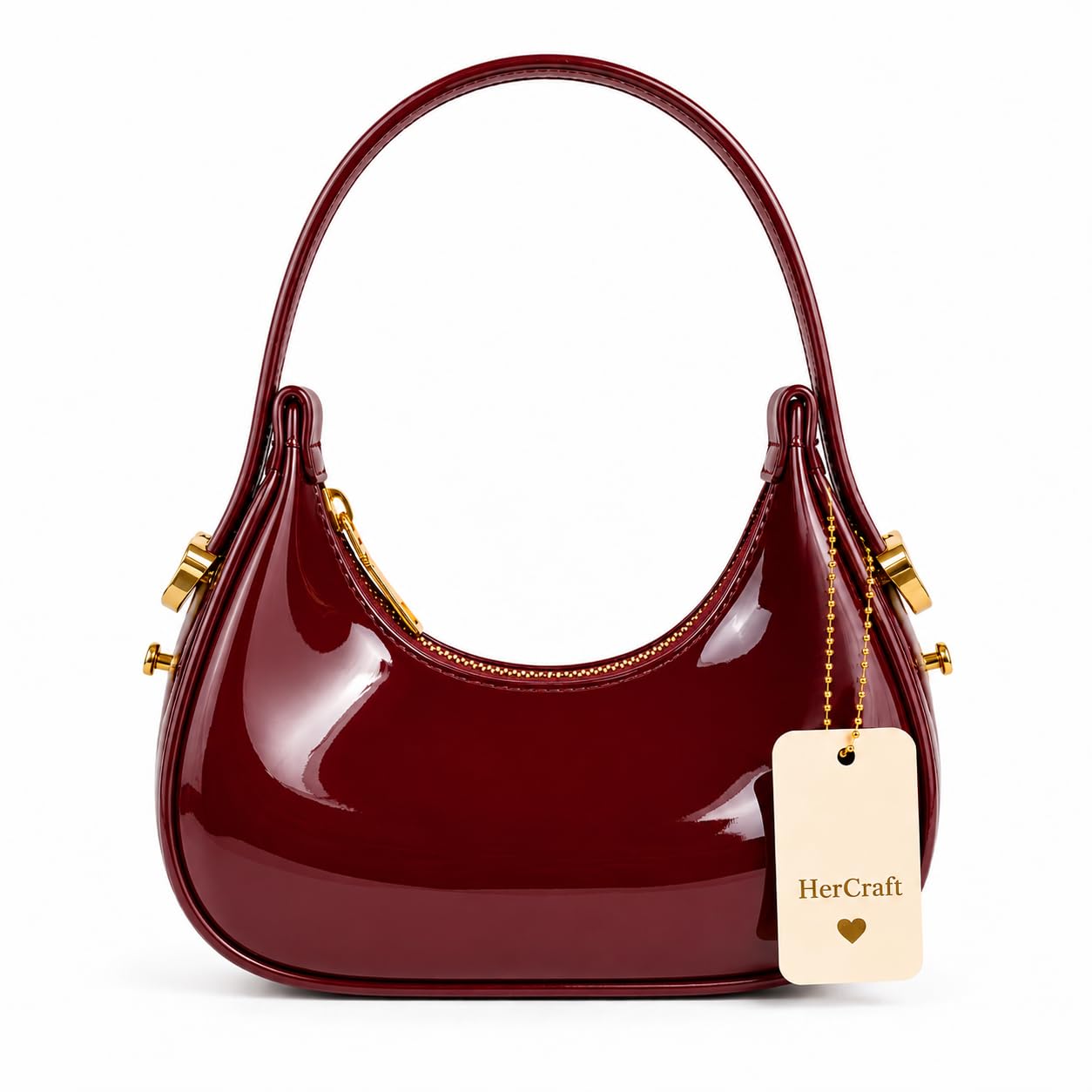 hercraft Women Patent Leather Mini Shoulder Bag, Glossy Crescent Handbag with Zipper Closure, Fashion Underarm Purse for Party, Travel & Casual Styling-picture-47