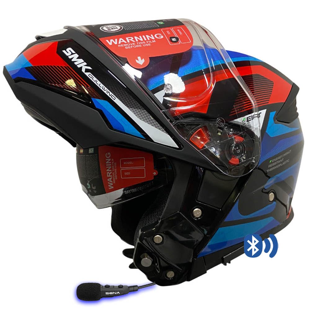 Casco de Moto Modular SMK Gullwing Venture Bluetooth Sena 3SPlus Integrado - Abatible con Visor Solar Azul Rojo - Homologado P/J ECE 22.06 - Designed