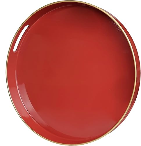 Miniatura 7 de Leemxiiny Bandeja decorativa redonda roja con asas elegante bandeja de 13 pulgadas para mesa de café otomana sala de estar baño exteriores desayuno
