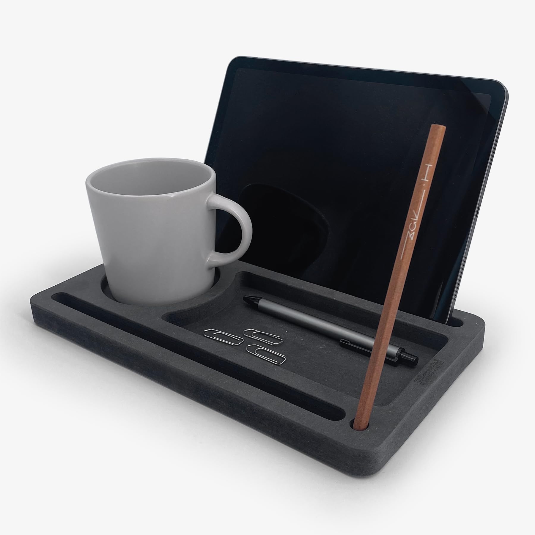 Organiseur de bureau multifonctionnel en bois noir avec porte-stylo et support de smartphone