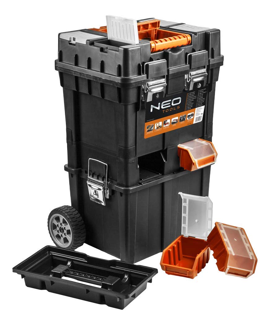 NEO TOOLS Cassetta degli attrezzi su ruote, officina mobile 40x40x70,5 cm, quattro organizzatori, quattro ergobox con serratura, serrature in metallo, maniglie laterali, angoli antiscivolo